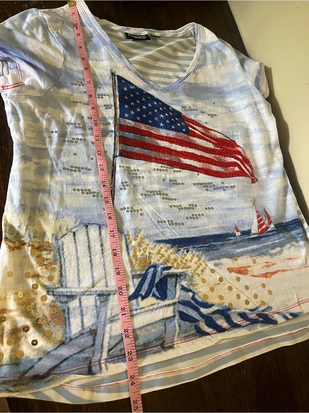 Onque Casual Petite Sequin American Flag Beach Tee Top Shirt Size PLarge - Picture 12 of 12